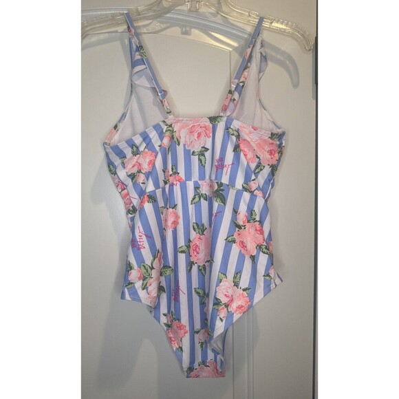Betsey Johnson Pink Floral Blue Stripe Print Women’s One Piece Swimsuit Sz M - Picture 3 of 11